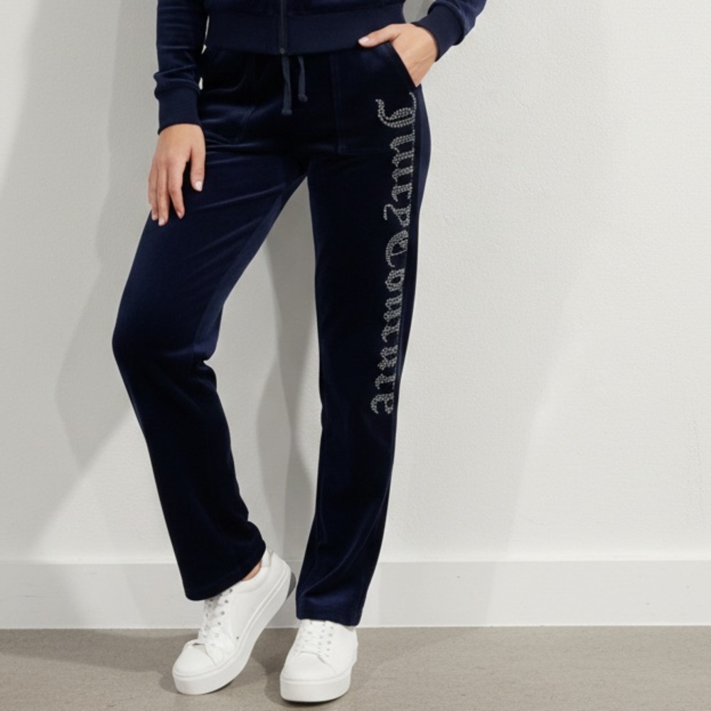 Juicy Couture Velour Track Sweats Navy blue, Rhinestone Script Size Medium Y2K - Picture 1 of 8